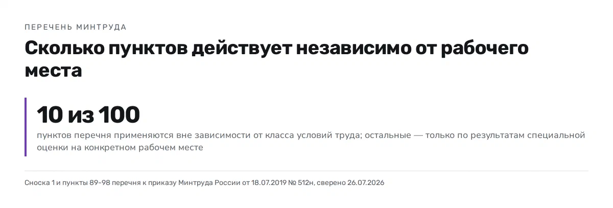 Одно число: 10 из 100 пунктов перечня применяются вне зависимости от класса условий труда, остальные — только если специальная оценка признала условия вредными или опасными